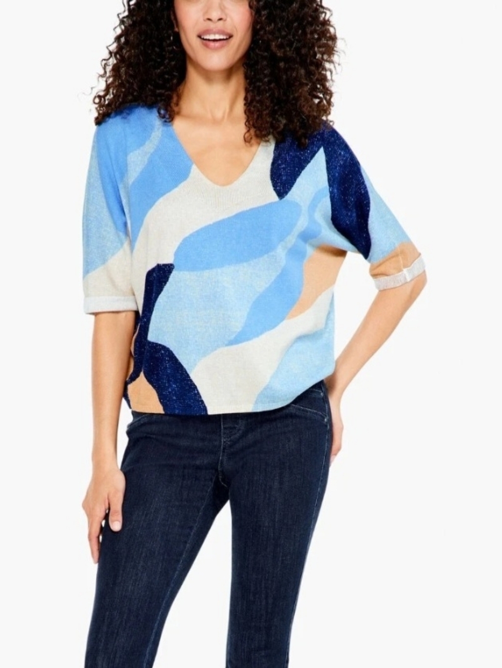 NIC+ZOE Beige and Blue V-Neck Colorblock Sweater-Size M